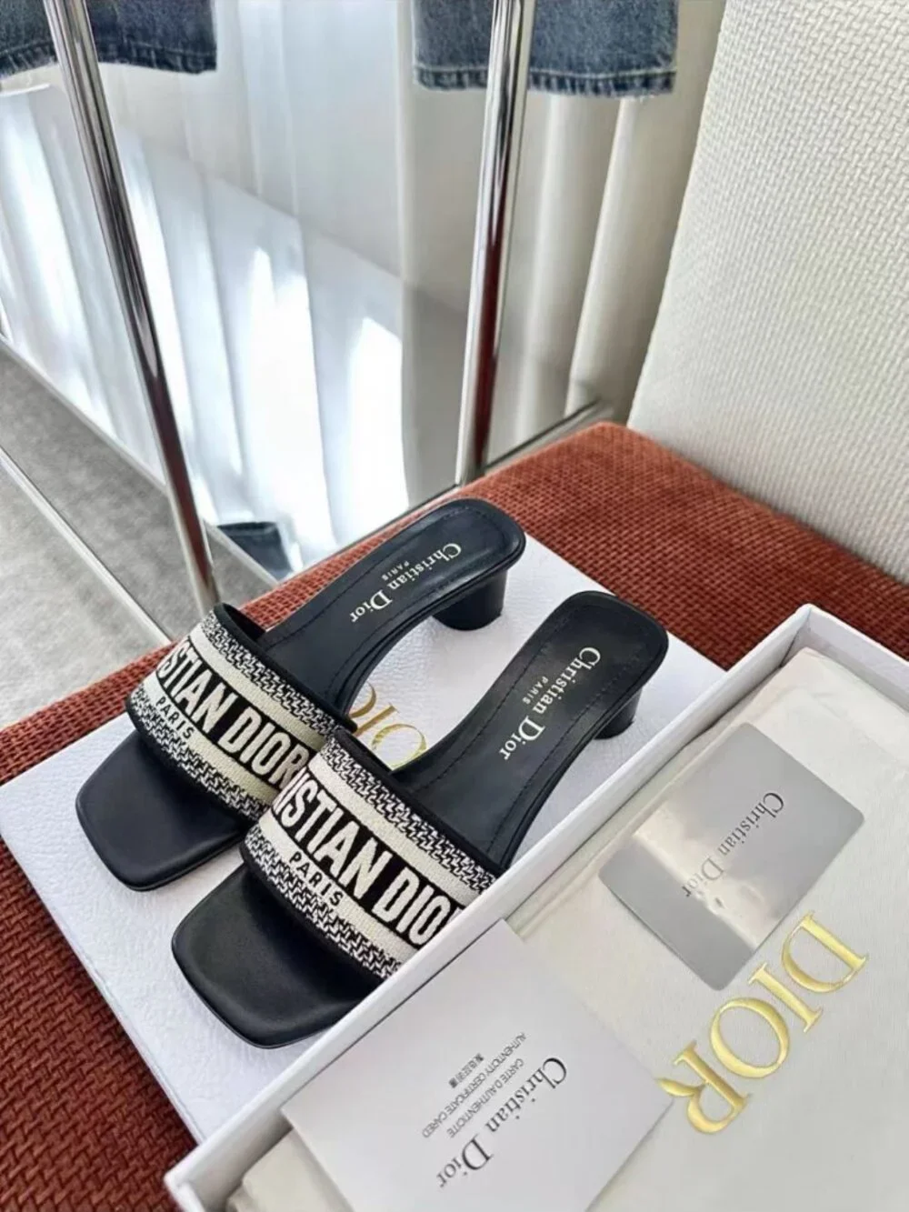 Christian Dior Women’s Textile Webbing Block Heel Open‑Toe Mule Sandals